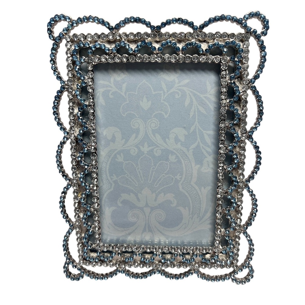 Sixtrees Blue Clear Rhinestone Scalloped Photo Frame Silver Tone Vintage Style